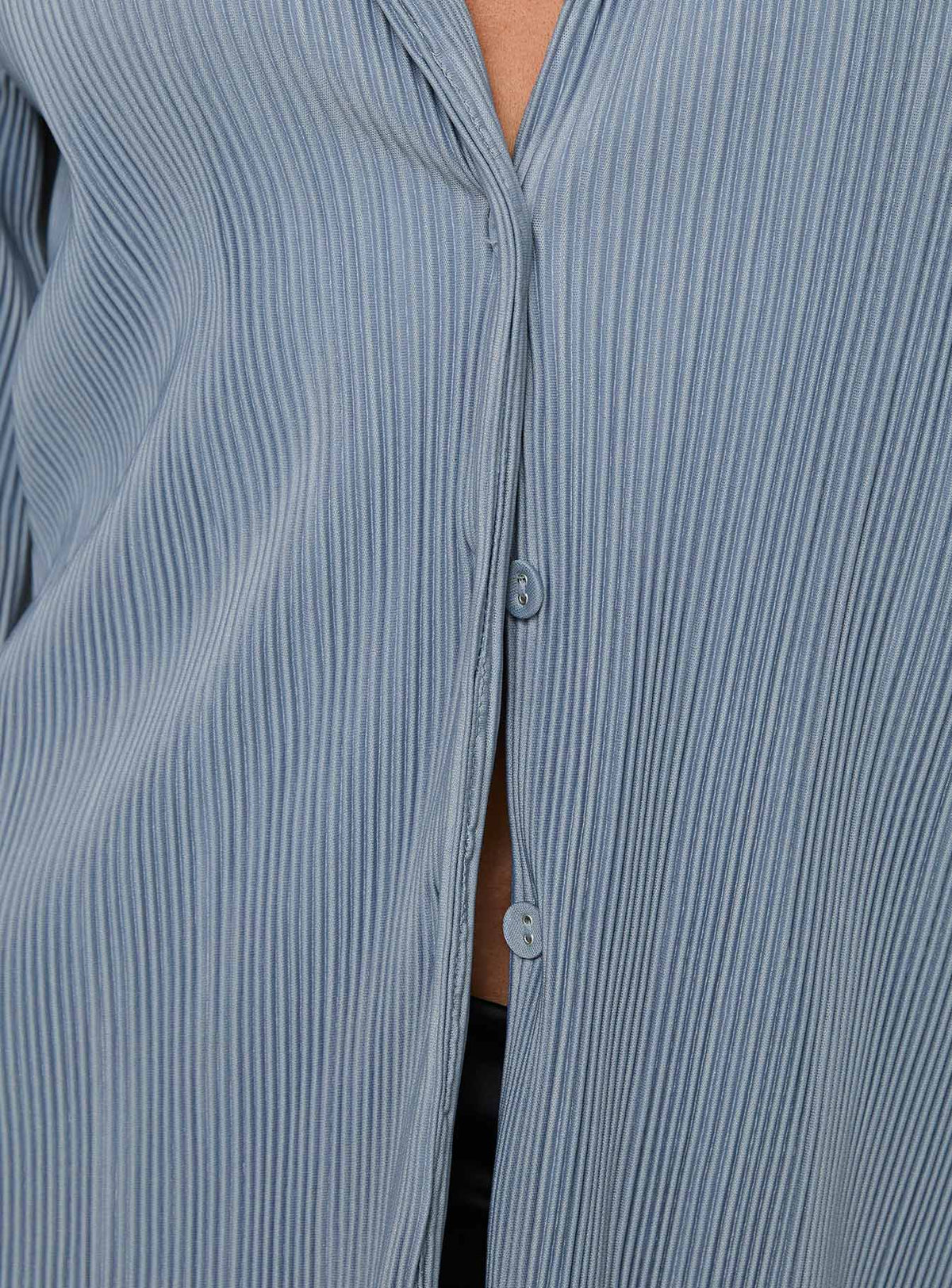front view of model wearing Princess Polly Louie Pleated Shirt Blue Full Sleeves V-Neck 