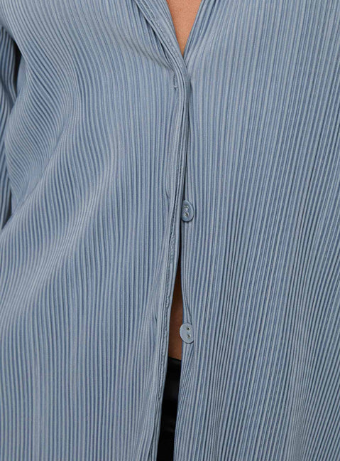 front view of model wearing Princess Polly Louie Pleated Shirt Blue Full Sleeves V-Neck 