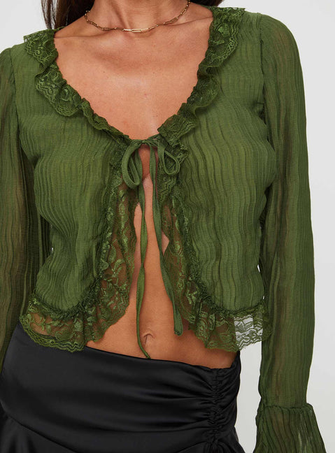 back view of model wearing Princess Polly Kareela Long Sleeve Top Green Full Sleeves V-Neck 