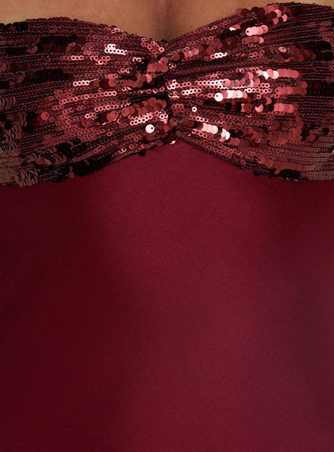 See The Vision Sequin Bust Strapless Maxi Dress Burgundy