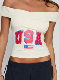 American Spirit Off the Shoulder Graphic Top Cream