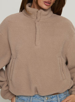 back view of model wearing Princess Polly Icy Days Fleece Quarter Zip Jumper Light Brown Cropped Jumpers Jumpers 