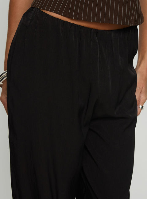 side view of model wearing Princess Polly Breina Satin Straight Leg Pants Black High Rise Pants Pants 