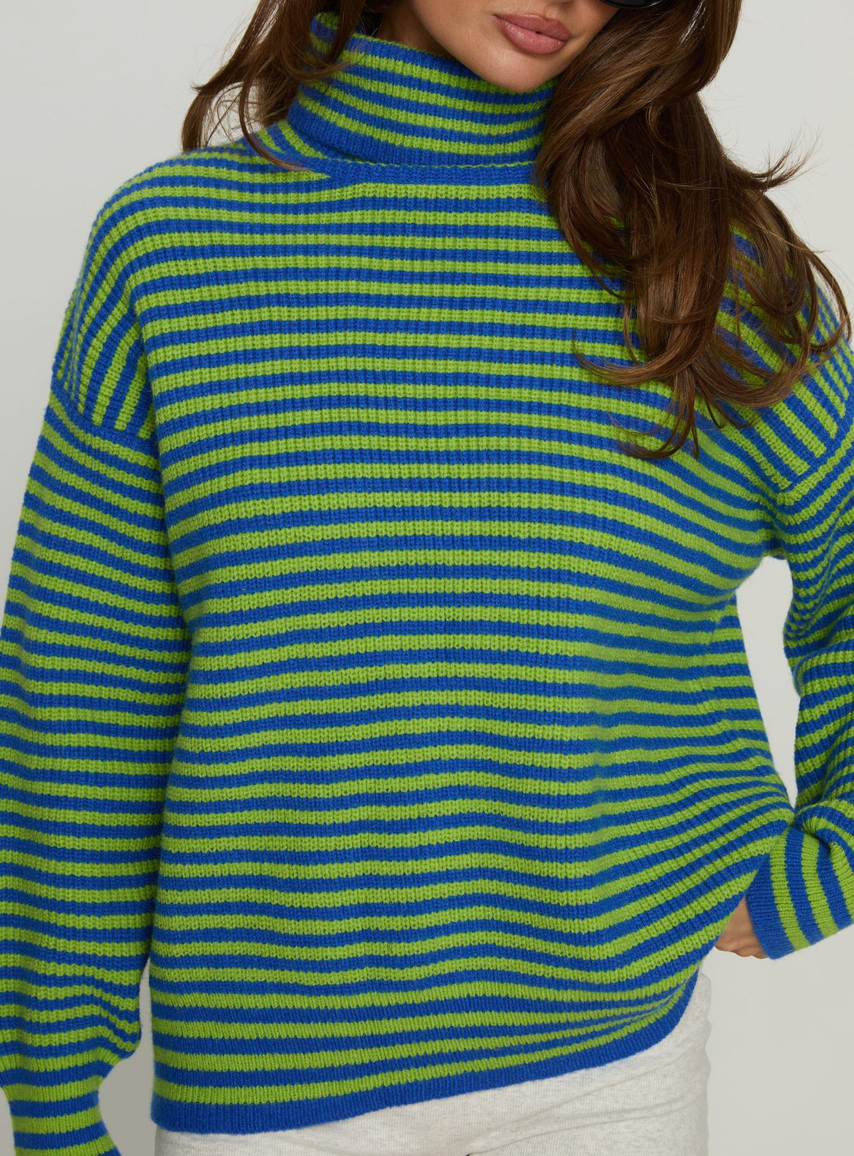 back view of model wearing Princess Polly Lancelot Turtle Neck Oversized Jumper Green Stripe Longline Jumpers Jumpers 