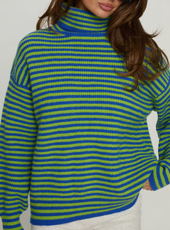 back view of model wearing Princess Polly Lancelot Turtle Neck Oversized Jumper Green Stripe Longline Jumpers Jumpers 