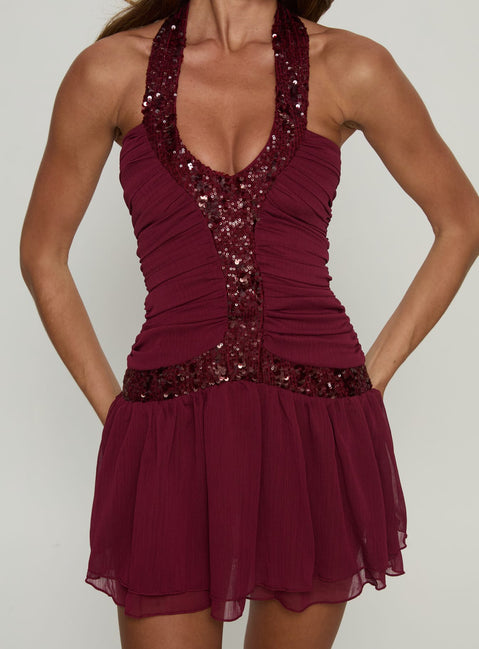 Aisleigh Sequin Halter Mini Dress Berry