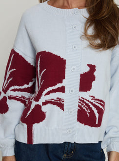 back view of model wearing Princess Polly Jalenn Floral Knit Cardigan Blue / Red Cropped Jumpers Jumpers 