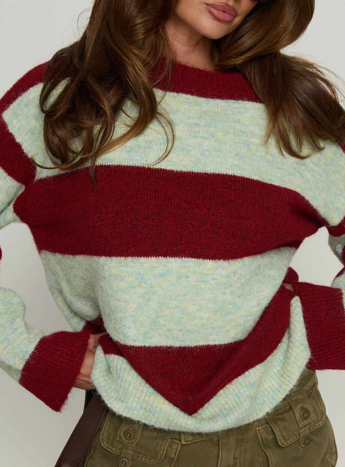 back view of model wearing Princess Polly Nesha Fluffy Knit Sweater Red / Blue Stripe Jumpers 