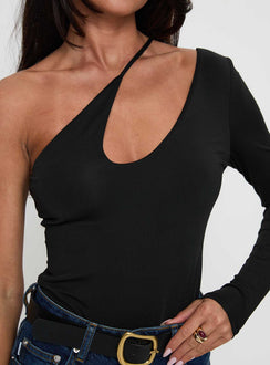 back view of model wearing Princess Polly Play Pretend One Sleeve Bodysuit Black Long Sleeve Tops Bodysuit 
