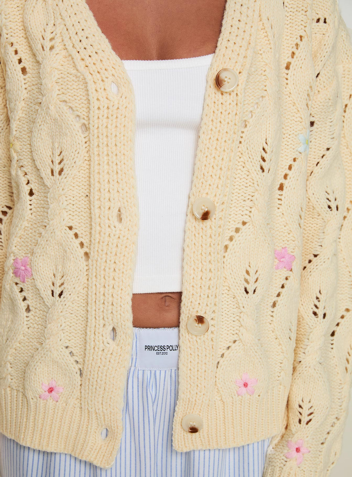 back view of model wearing Princess Polly Daffodil Cardigan Cream Cropped Jumpers Jumpers 