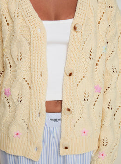 back view of model wearing Princess Polly Daffodil Cardigan Cream Cropped Jumpers Jumpers 