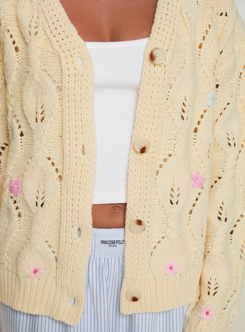 back view of model wearing Princess Polly Daffodil Cardigan Cream Cropped Jumpers Jumpers 