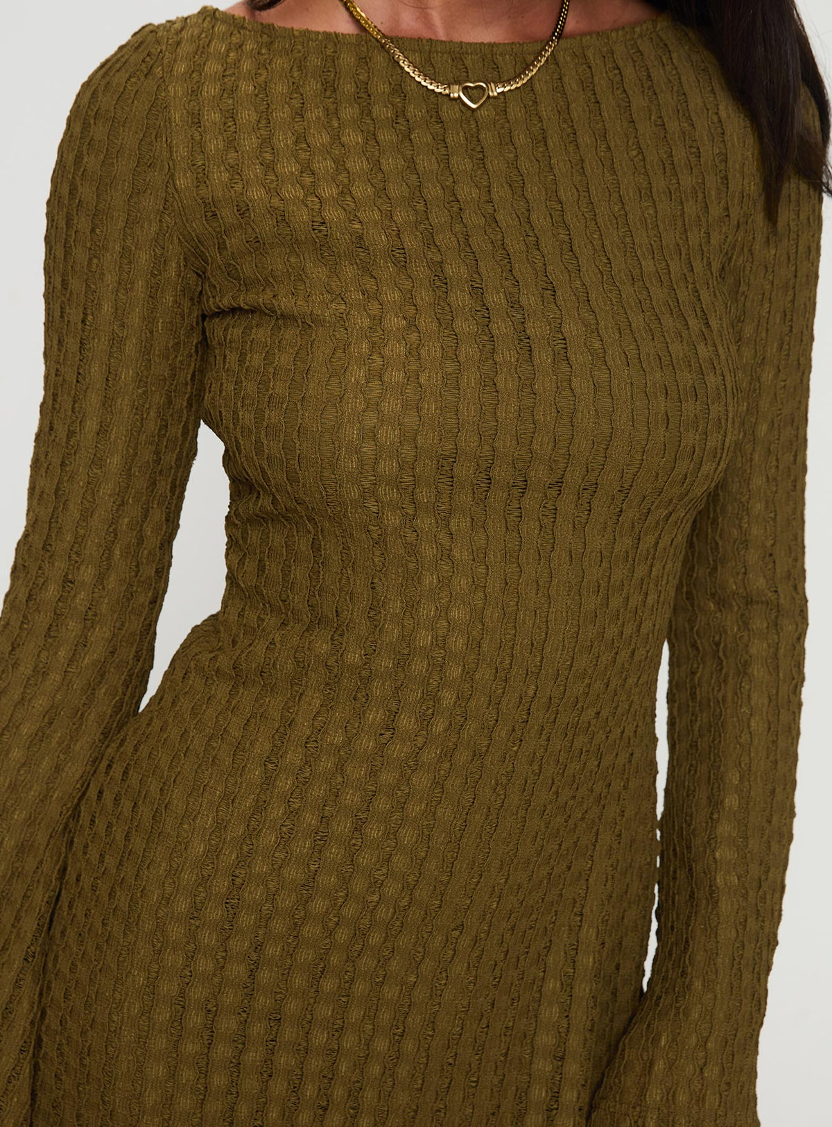 back view of model wearing Princess Polly Lukea Long Sleeve Mini Dress Olive Ribbed Boat Neck 