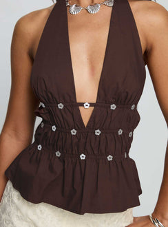 back view of model wearing Princess Polly Movies End Halter Top Brown Sleeveless Plunger 