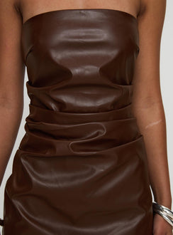 back view of model wearing Princess Polly Airelle Strapless Mini Dress Chocolate Straight Neck 