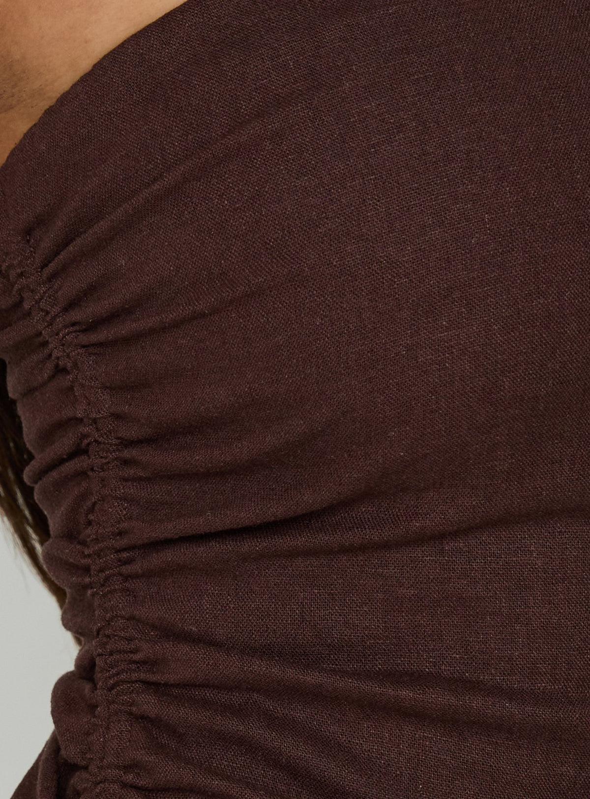 Defined Strapless Gathered Linen Blend Top Brown