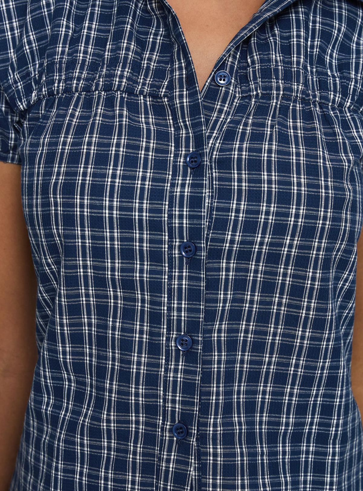 back view of model wearing Princess Polly Separate Scenes Button Up Top Blue Check Short Sleeves V-Neck 