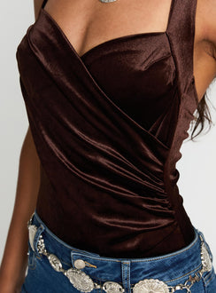 back view of model wearing Princess Polly Ruelle Halter Bodysuit Brown Sleeveless Bodysuit 