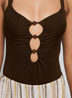 back view of model wearing Princess Polly Silverwing Cut Out Bodysuit Chocolate Sleeveless Bodysuit 