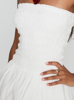 back view of model wearing Princess Polly Anemone Bubble Hem Mini Dress White Straight Neck 