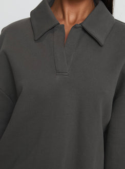back view of model wearing Princess Polly Back Around Collared Fleece Jumper Slate Jumpers 