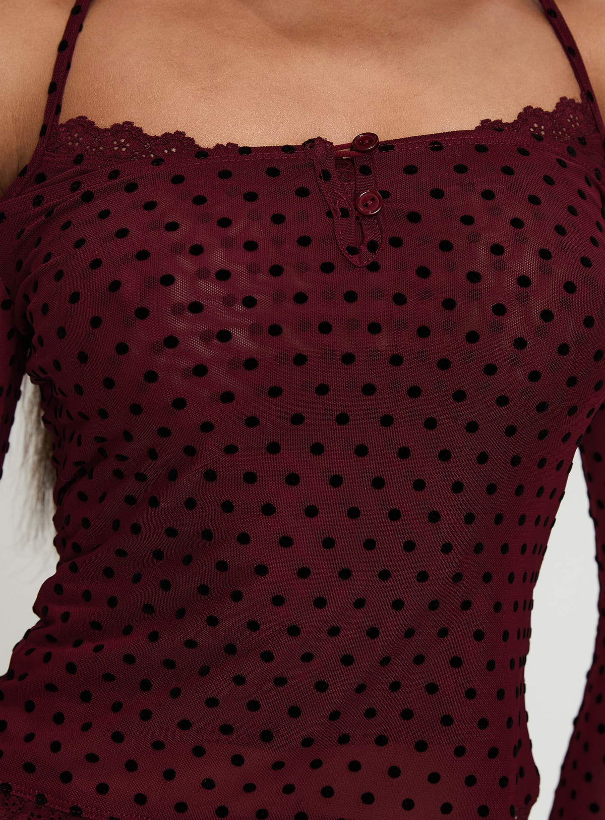 product Princess Polly On My Side Off Shoulder Tie Neck Top Burgundy Full Sleeves straight 