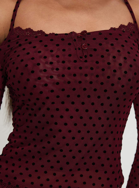 product Princess Polly On My Side Off Shoulder Tie Neck Top Burgundy Full Sleeves straight 