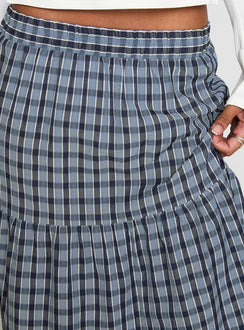back view of model wearing Princess Polly Rockwell Tiered Midi Skirt Navy Check Maxi 