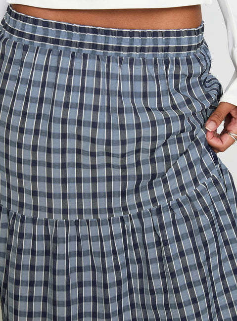 back view of model wearing Princess Polly Rockwell Tiered Midi Skirt Navy Check Maxi 