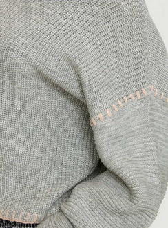 side view of model wearing Princess Polly Baby I'm Back Knit Sweater Grey / Pink Jumpers 