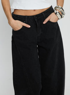 Lost Track Mid Rise Barrel Leg Jeans Washed Black Mid Rise Jeans Jeans 