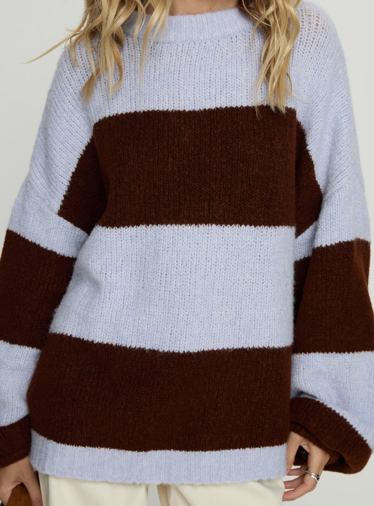 front view of model wearing Princess Polly Bastien Crew Neck Knit Sweater Blue / Chocolate Stripe Longline Jumpers Jumpers 