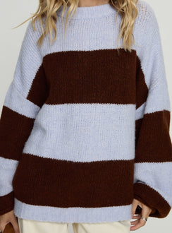 front view of model wearing Princess Polly Bastien Crew Neck Knit Sweater Blue / Chocolate Stripe Longline Jumpers Jumpers 
