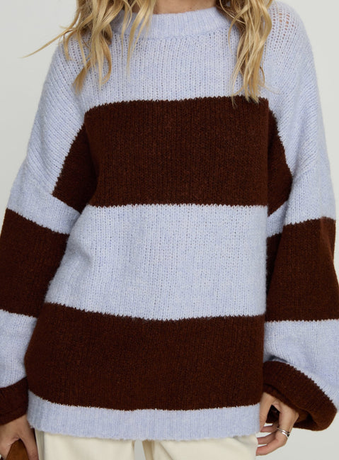 front view of model wearing Princess Polly Bastien Crew Neck Knit Sweater Blue / Chocolate Stripe Longline Jumpers Jumpers 