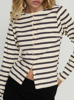 Marvella Button Up Long sleeve Top Dark Grey / Cream Stripe