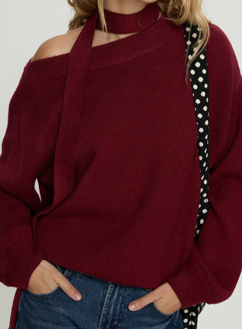 back view of model wearing Princess Polly Ruthi Scarf Off Shoulder Knit Sweater Burgundy Cropped Jumpers Jumpers 