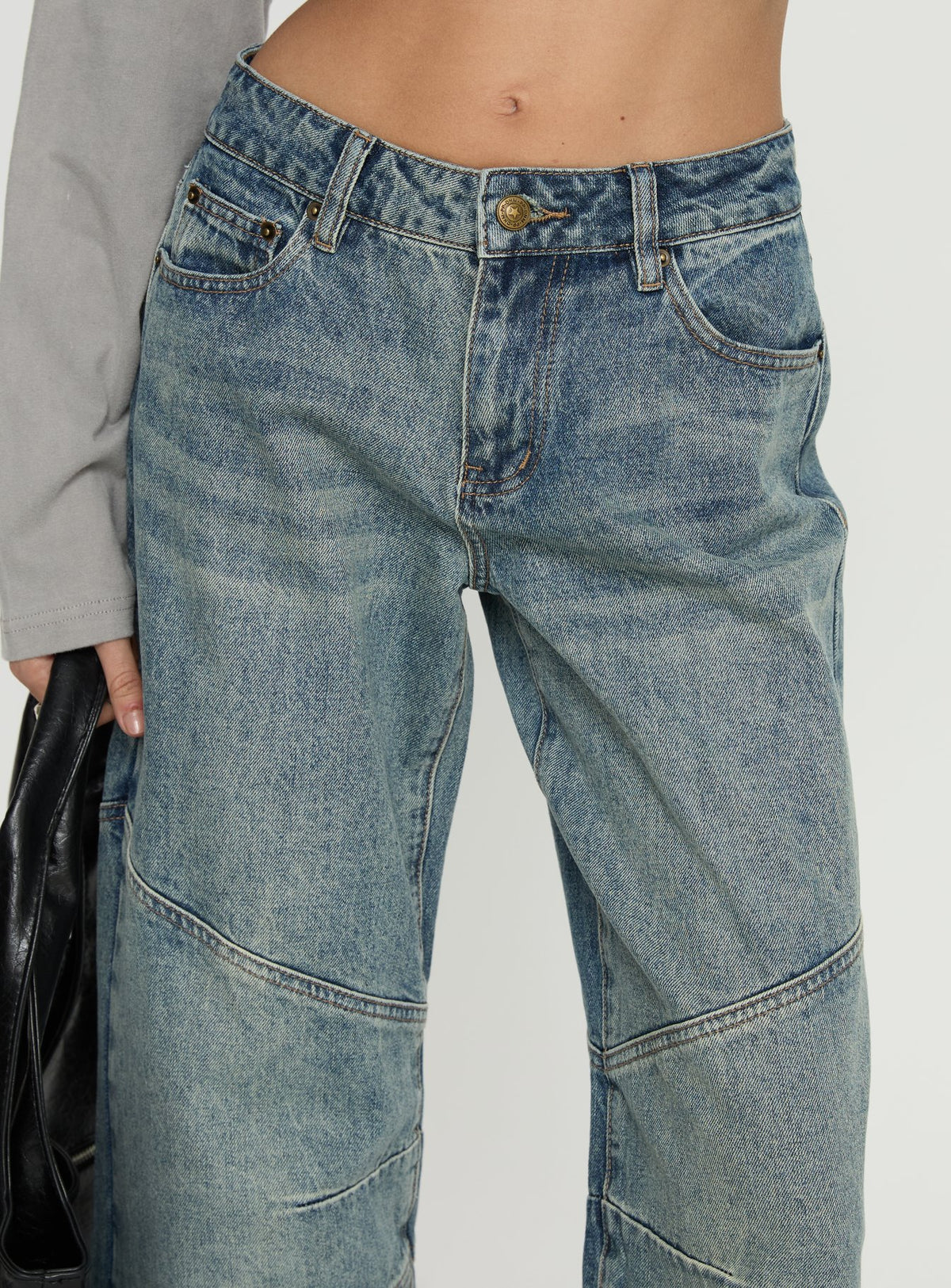 back view of model wearing Princess Polly Atmosphere Mid Rise Straight Leg Jeans Antique Wash Low Rise Jeans Jeans 
