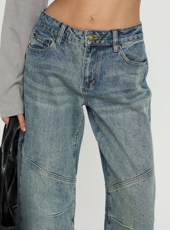 back view of model wearing Princess Polly Atmosphere Mid Rise Straight Leg Jeans Antique Wash Low Rise Jeans Jeans 