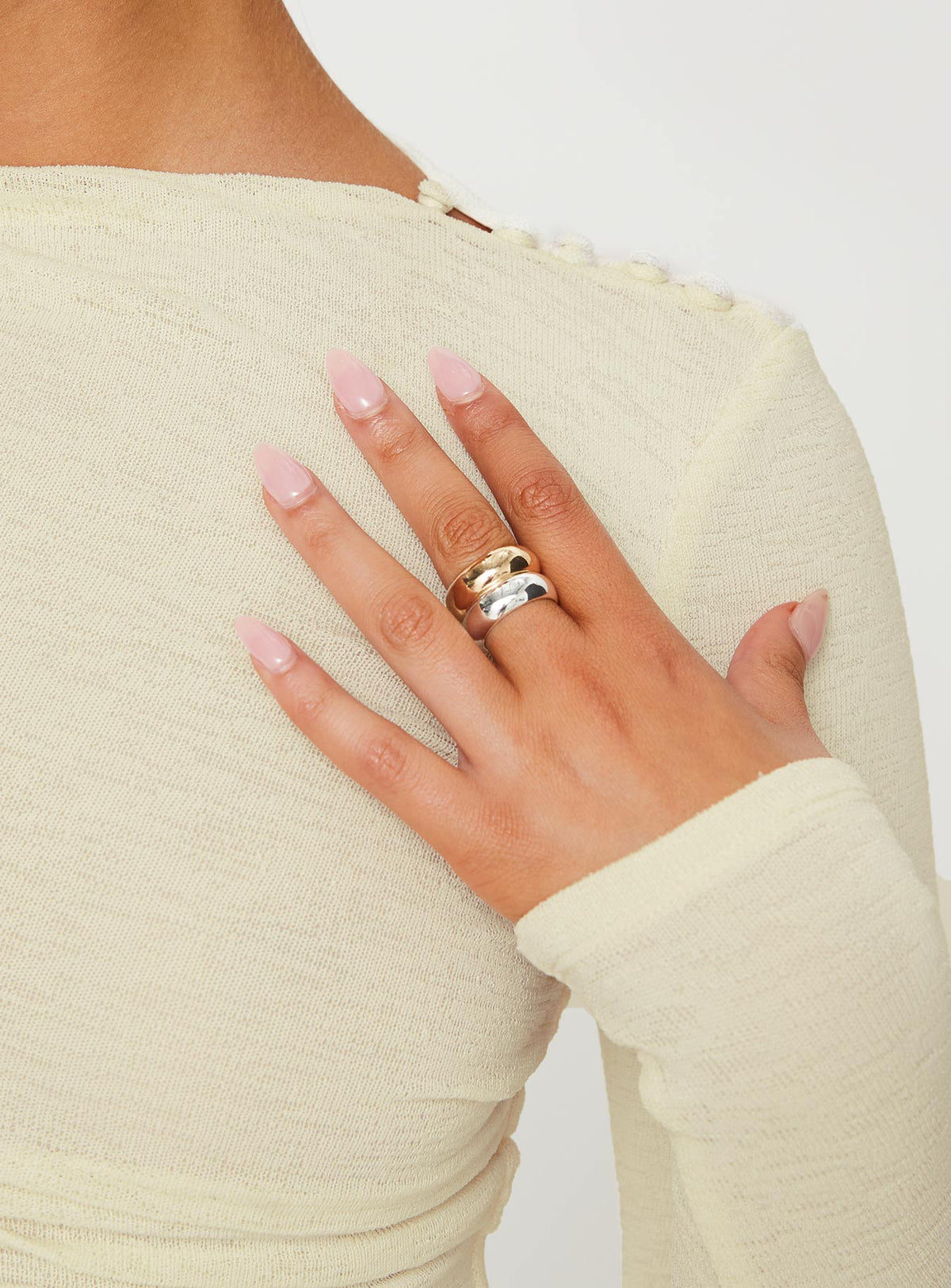 side view of model wearing Princess Polly Luvinia Long Sleeve Top Cream Full Sleeves Crew Neck 