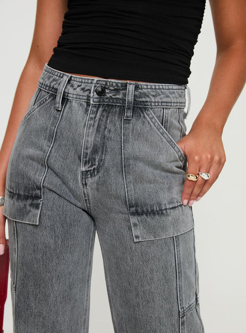 back view of model wearing Princess Polly Chad High Rise Flared Cargo Jeans Washed Grey Mid Rise Jeans Jeans 