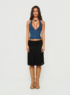 Highlighting the Laicey Lace Midi Skirt in Black womens-skirts with detailed hem craftsmanship Princess Polly