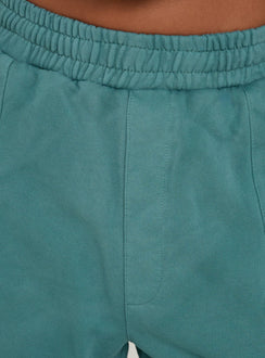 Close-up of AT Fleece Baggy Jort in Washed Teal womens regular pants with mid-rise Princess Polly