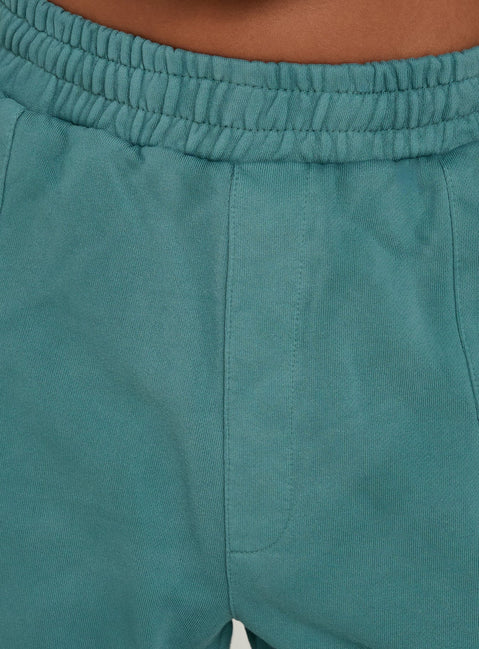 Close-up of AT Fleece Baggy Jort in Washed Teal womens regular pants with mid-rise Princess Polly