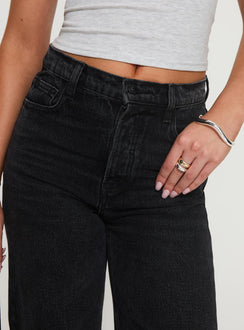 back view of model wearing Princess Polly Fawcett High Rise Straight Leg Jeans Washed Black High Rise Jeans Jeans 