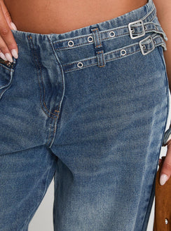 product Princess Polly Paltrow Mid Rise Wide Leg Cargo Jeans Mid Blue Wash Petite Mid Rise Jeans 