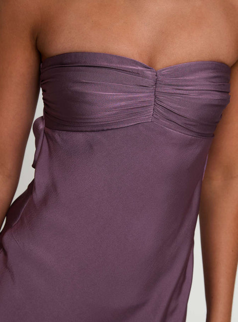 back view of model wearing Princess Polly Maryska Strapless Maxi Dress Purple Sweetheart Neckline 