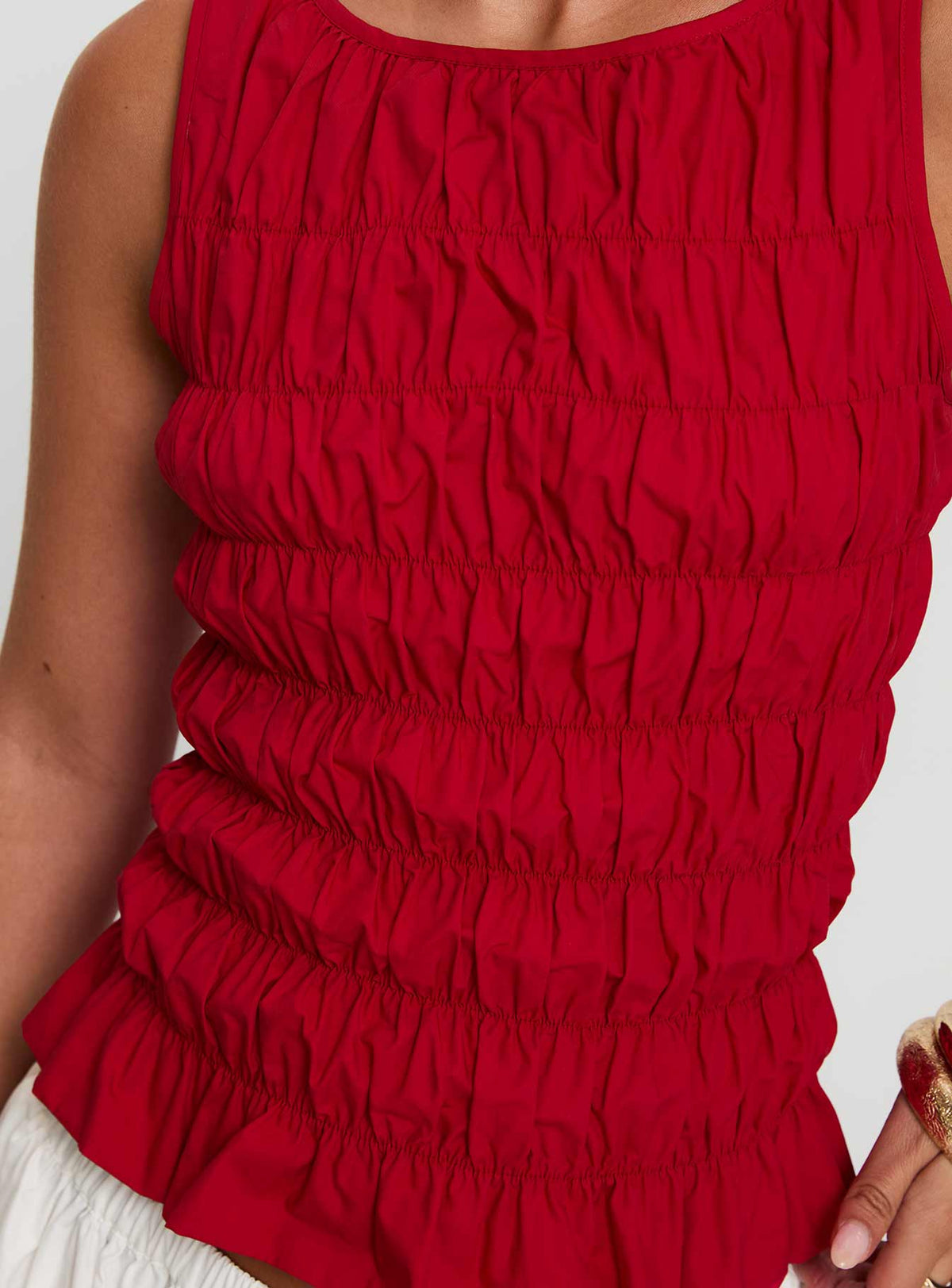 back view of model wearing Princess Polly Marleene Shirred Top Red Sleeveless Crew Neck 