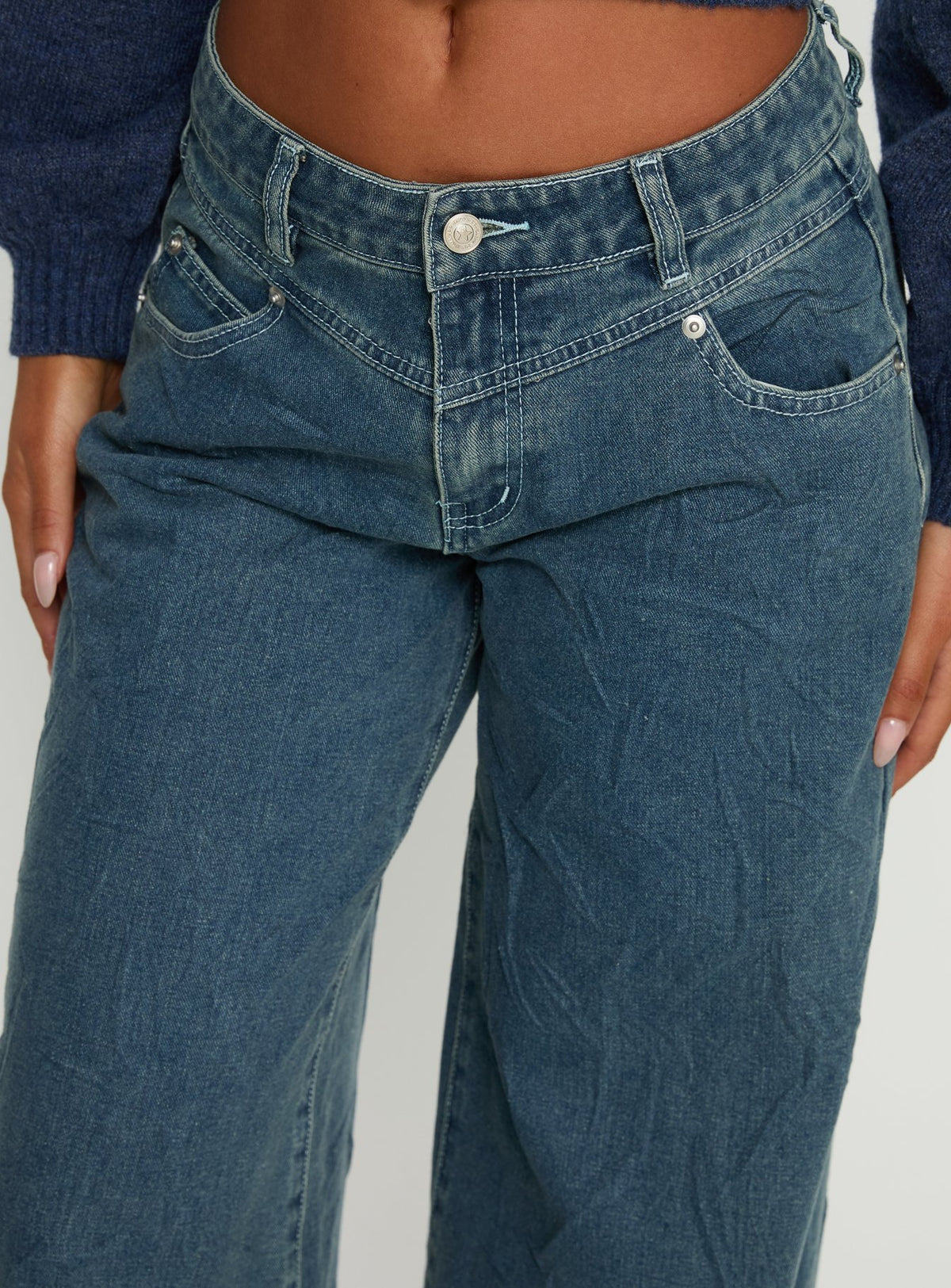 back view of model wearing Princess Polly Shanna Relaxed Low Rise Jeans Acid Raw Wash Mid Rise Jeans Jeans 