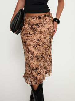 back view of model wearing Princess Polly Sydni Midi Bias Cut Skirt Leopard Midi Skirts Skirts 