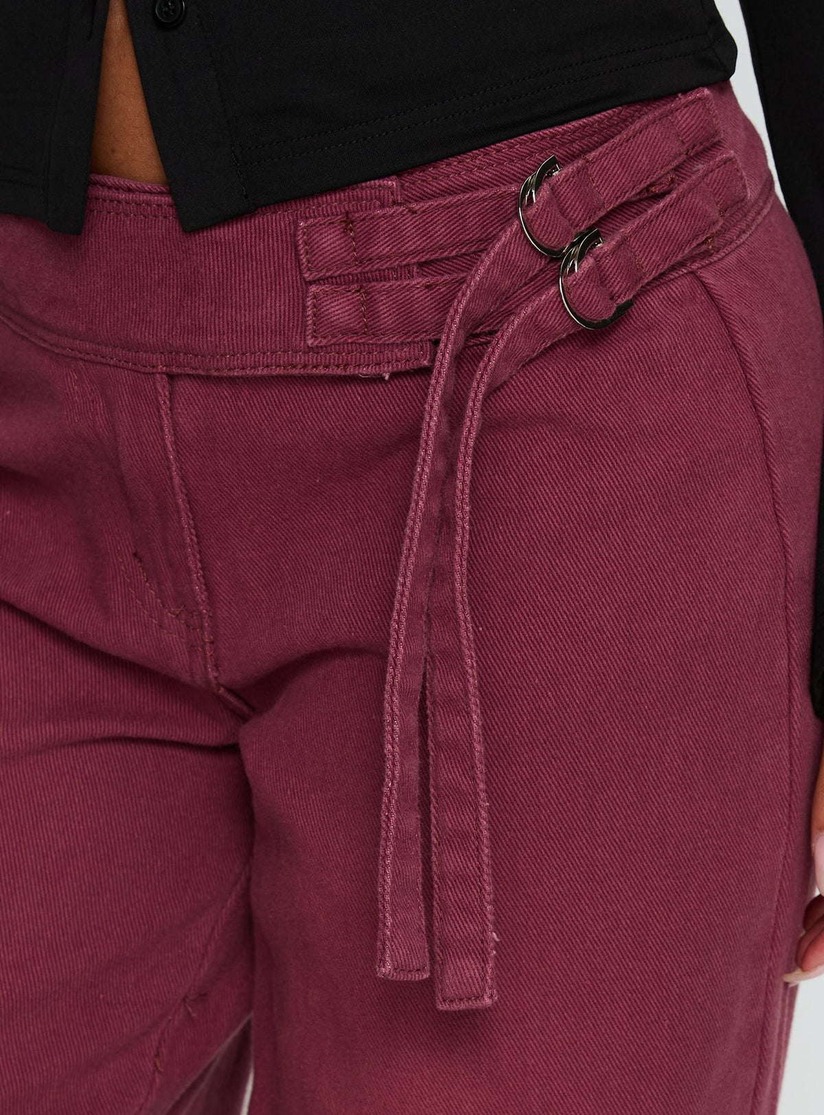 back view of model wearing Princess Polly Boxie Mid Rise Wide Leg Jeans Washed Burgundy Mid Rise Jeans Jeans 